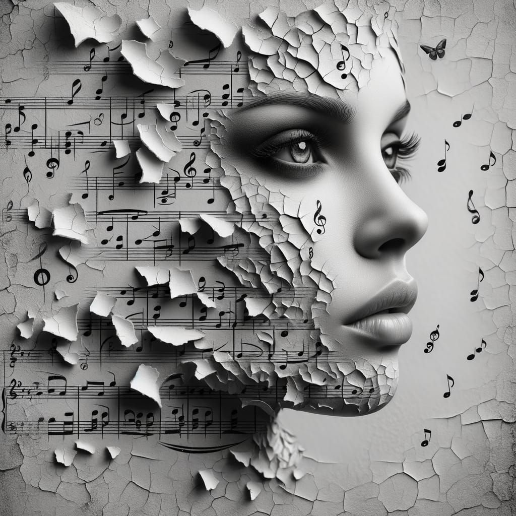 Monochrome Woman Emerging From Sheet Music