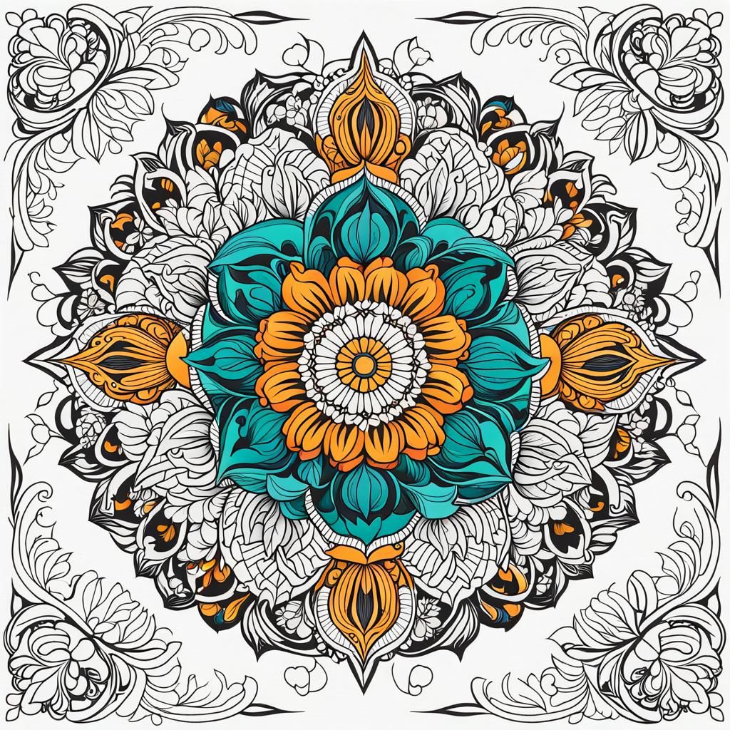 Floral Mandala Coloring Page with Ten Elements