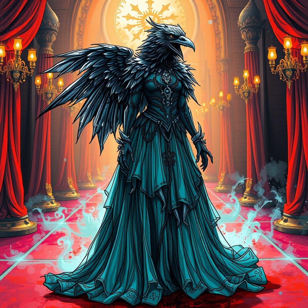 Gothic Raven Goddess Struts Red Carpet in Triadic Hues