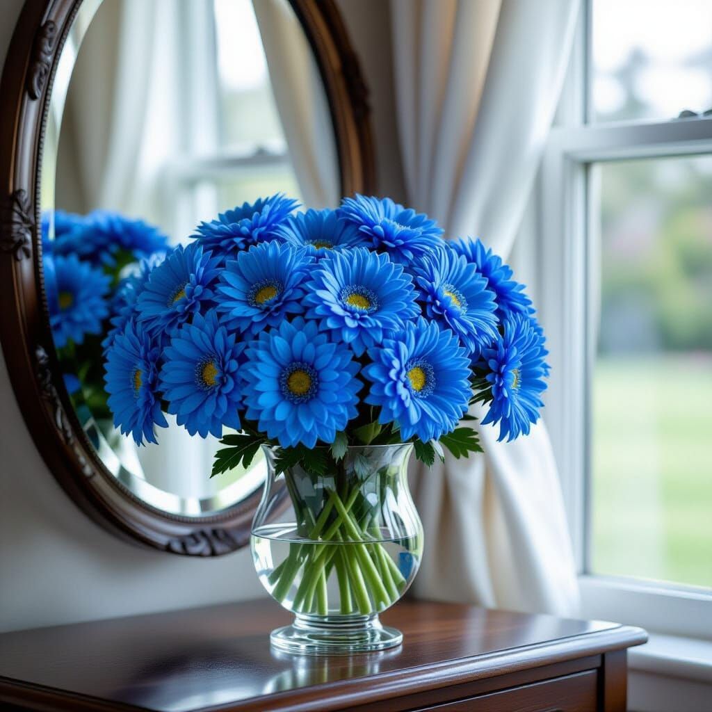 Blue Chrysanthemums in Crystal Vase with Mirror Reflection