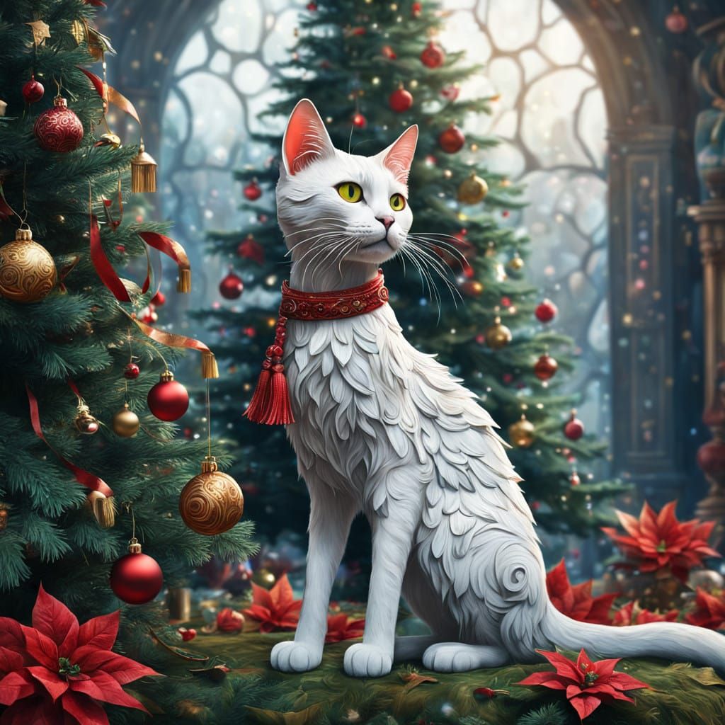 Whimsical Christmas Cat Amidst Vibrant Abstract Shapes
