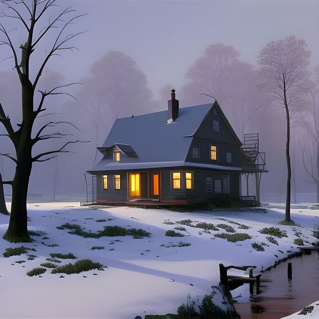 Snowy House at Dawn: Tonalist Landscape Painting