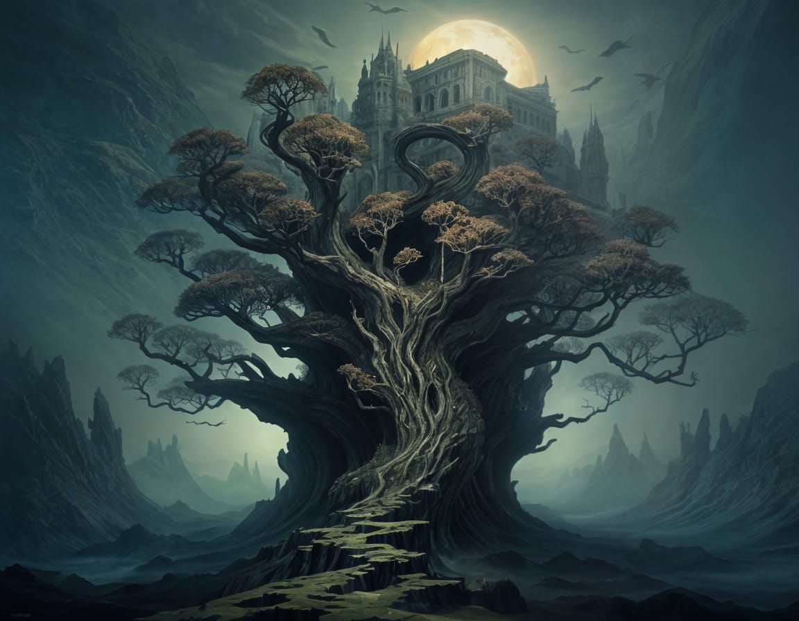 Surreal Landscape Inspired by Beksinski, Escher, and Giger