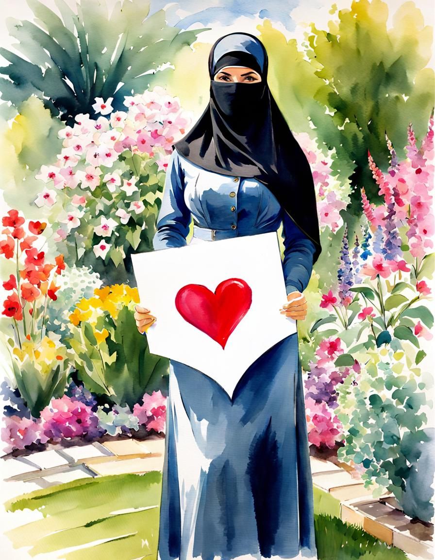 Niqabi Teacher Portrait in Watercolor Garden Scene