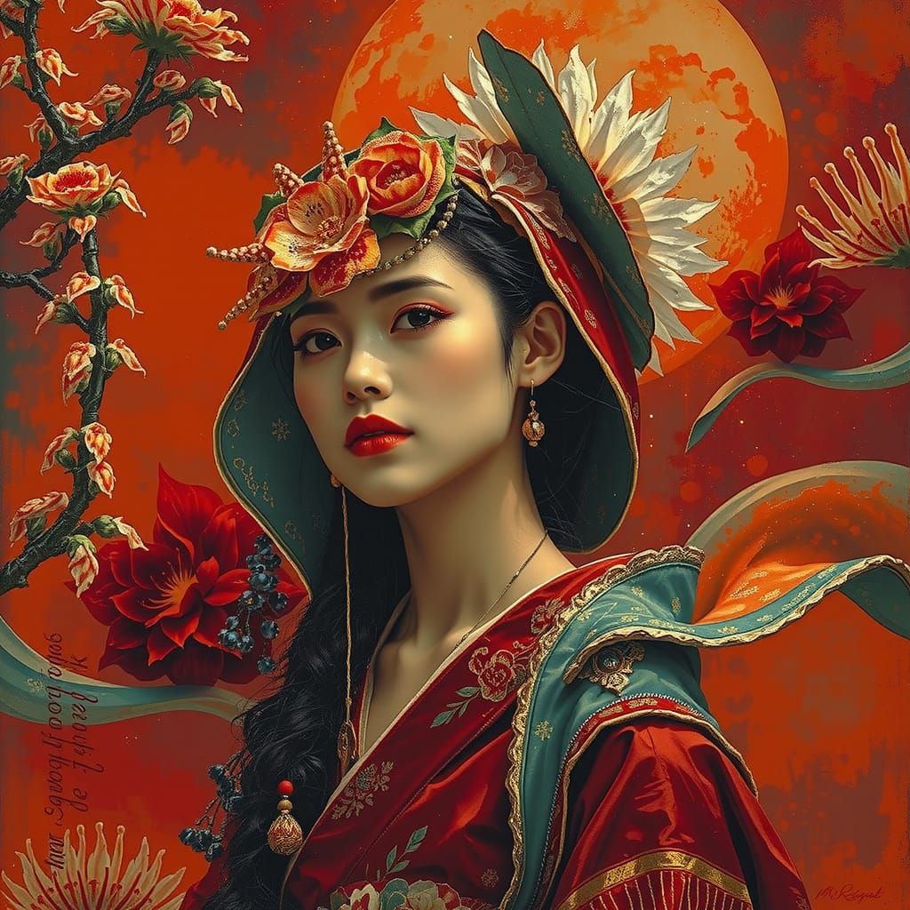 Elegant Geisha in Crimson Kimono Amidst Ethereal Botanicals