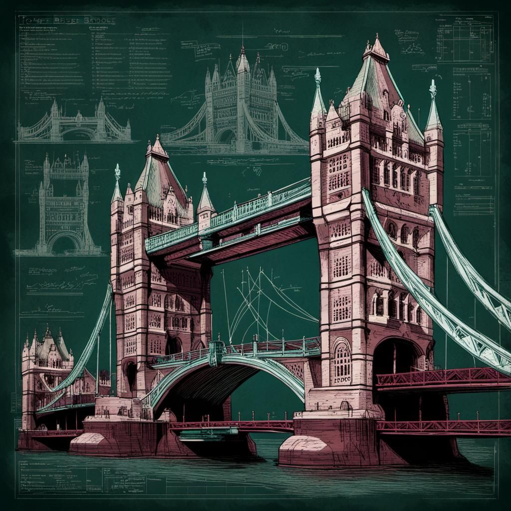 Grunge Blueprint of Tower Bridge in Isometric Perspective