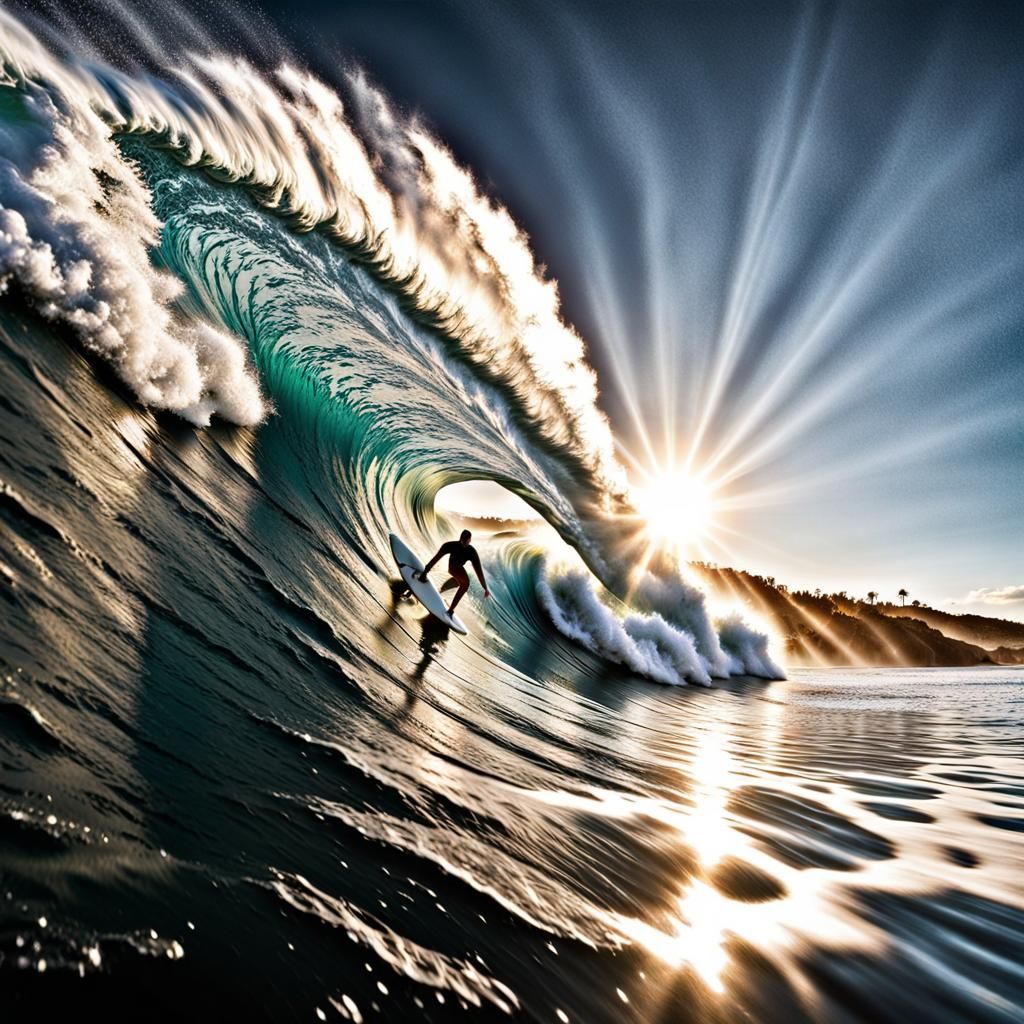 Surfer Rides Giant Wave in Hyperrealistic Style