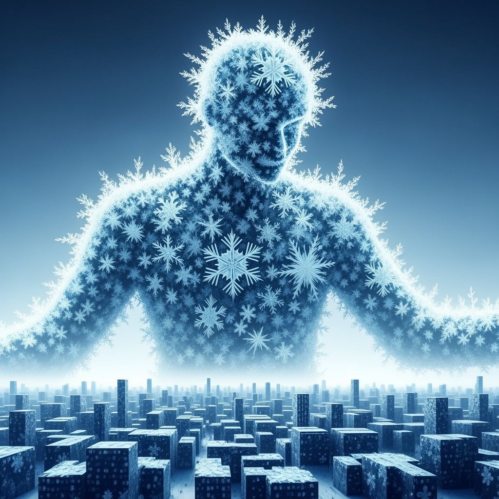 Colossal Snowflake Guardian Over Frozen Geometric City