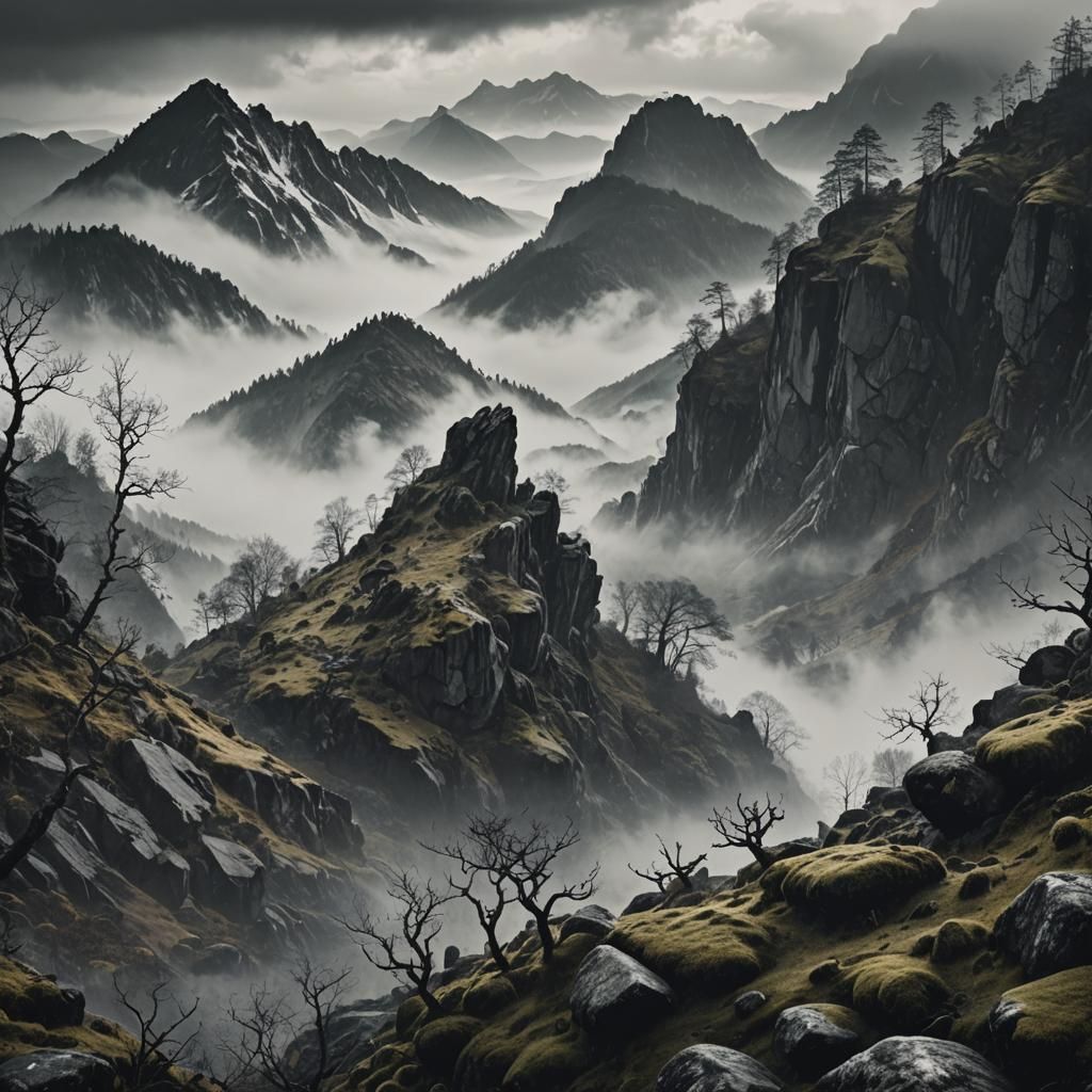 Winter Mountain Landscape in Misty Atmospheric Style