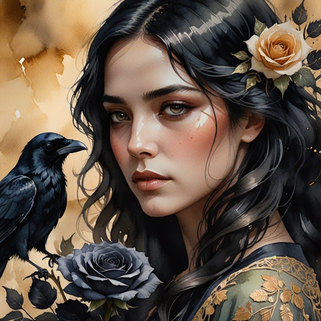 Mysterious Woman with Rose in Watercolor Portrait