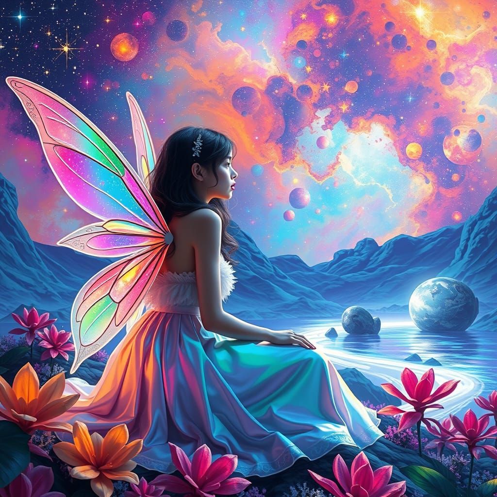 Spacefairy Basks in Vibrant Galactic Landscape