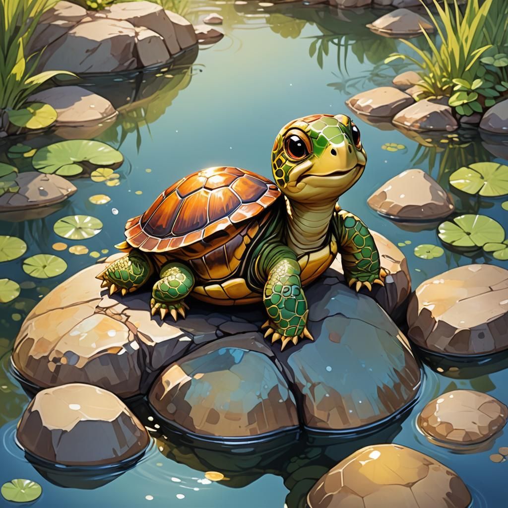 Happy Chibi Turtle in Vibrant Anime Style