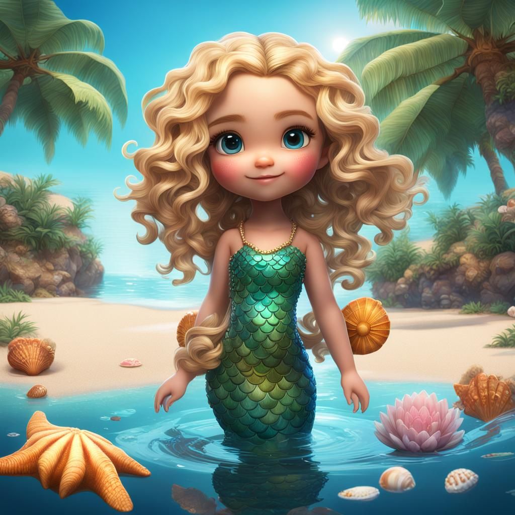 Hyperrealistic Chibi Mermaid on a Fantasy Beach