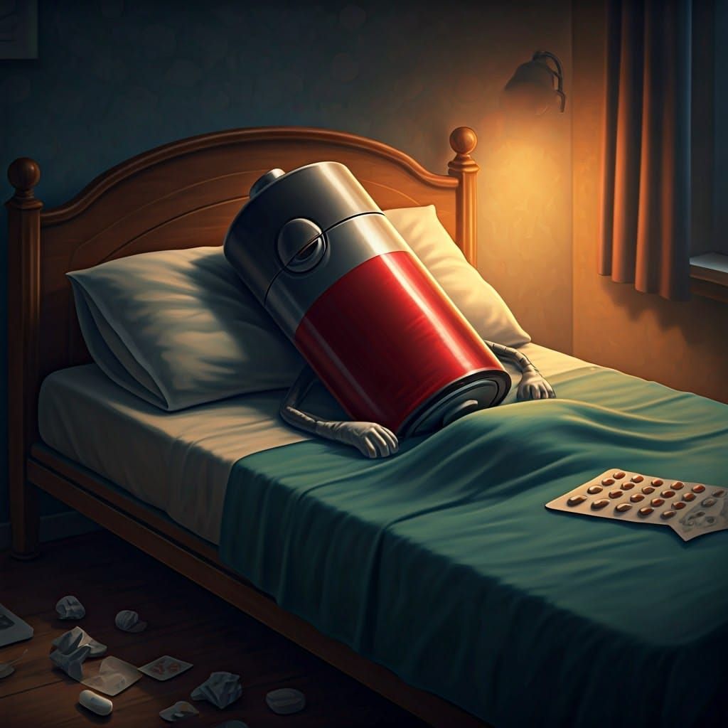 Sad Battery in Bed: a Hyperrealistic Concept Art