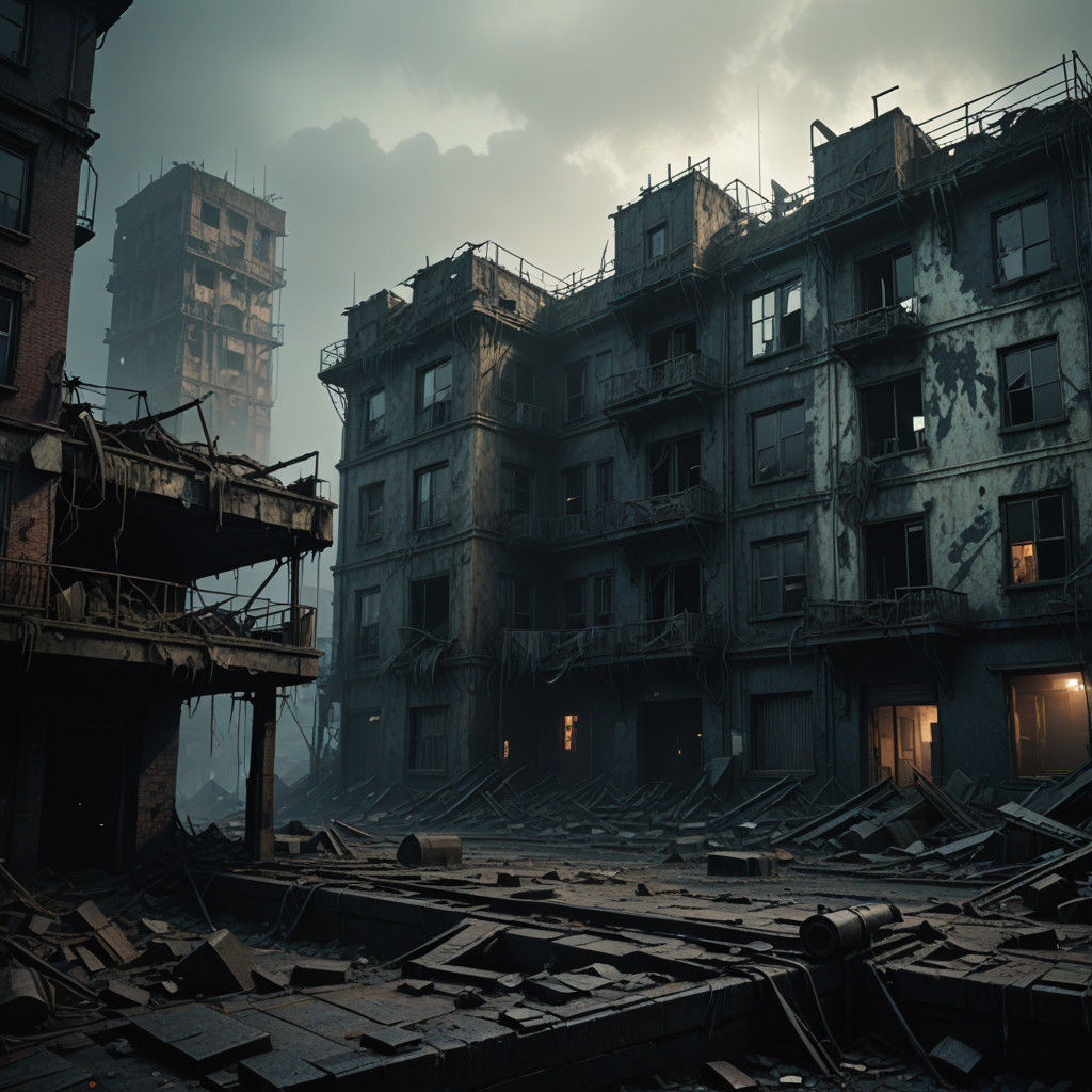 Cyberpunk City in Eerie Fog, Chrome Ruins Glowing