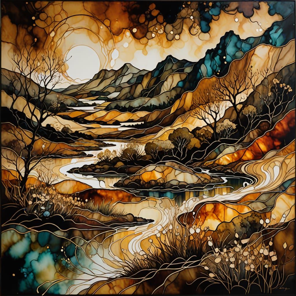 Abstract Expressionist Australian Landscape with Art Nouveau...