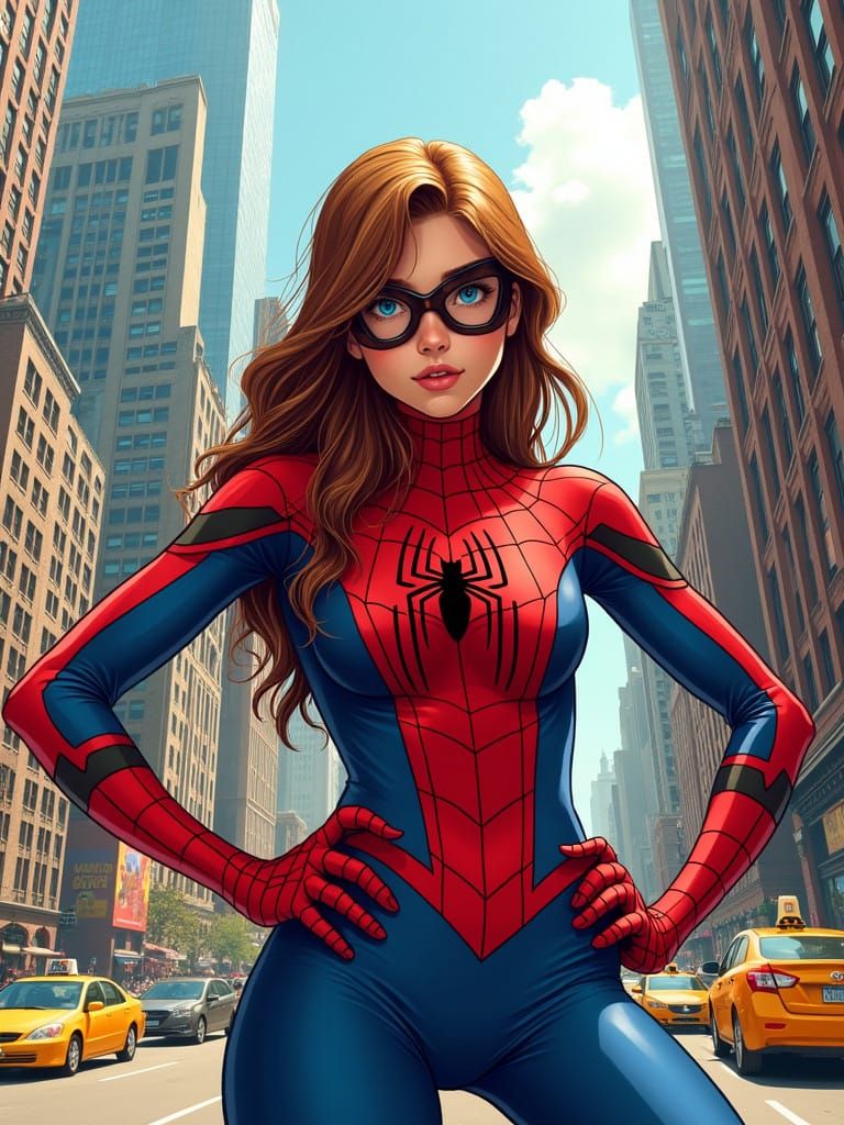 Heroic Spidergirl Poses in Vibrant New York City
