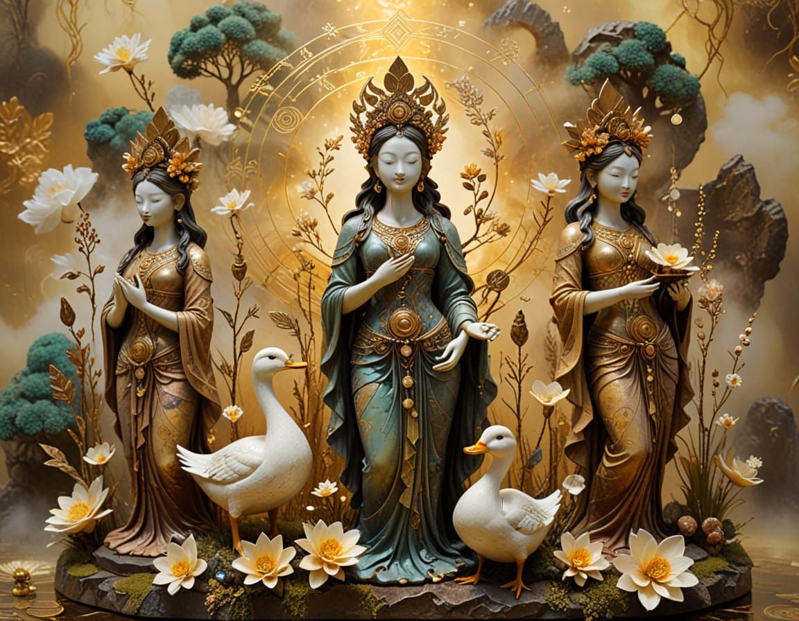 Surreal Goddess Statues with Duckling in Dreamlike Landscape