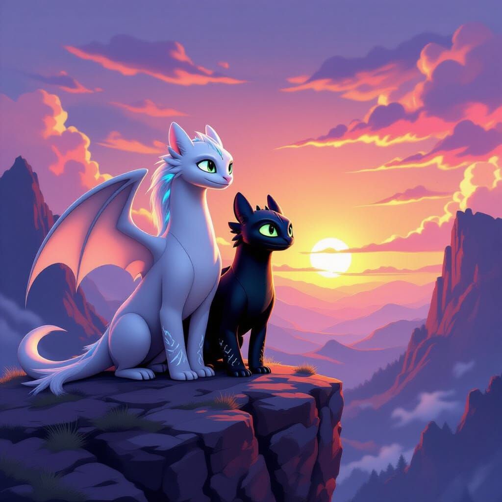 Toothless and Light Fury on Cliff at Sunset