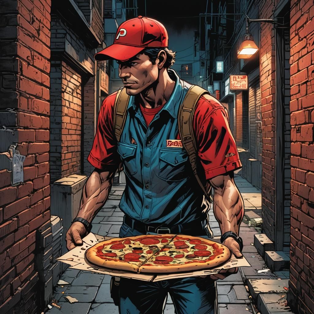 Dynamic Comic Art: Pizza Delivery in Dark Alley