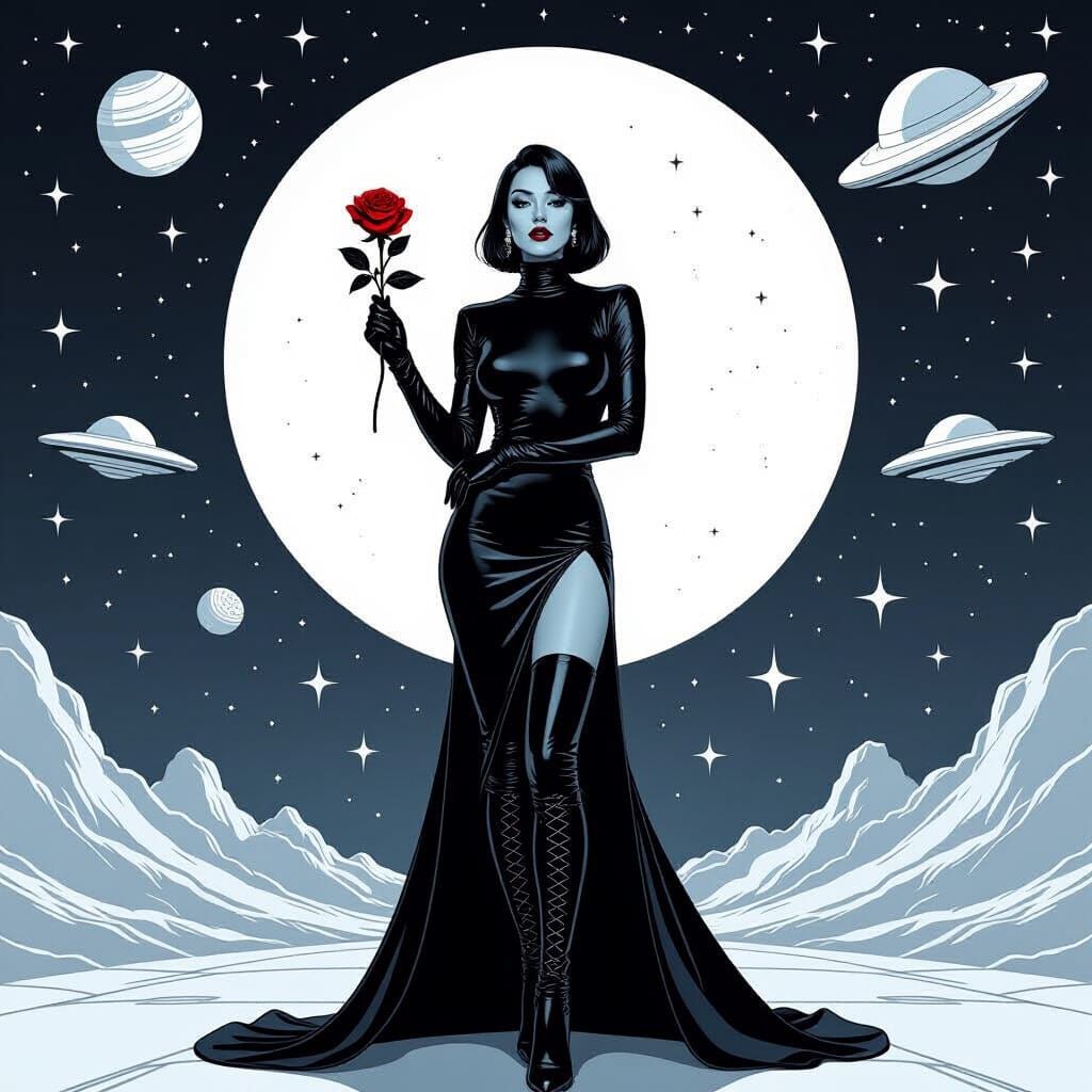 Woman with Rose Before Crescent Moon in Sci-Fi Style
