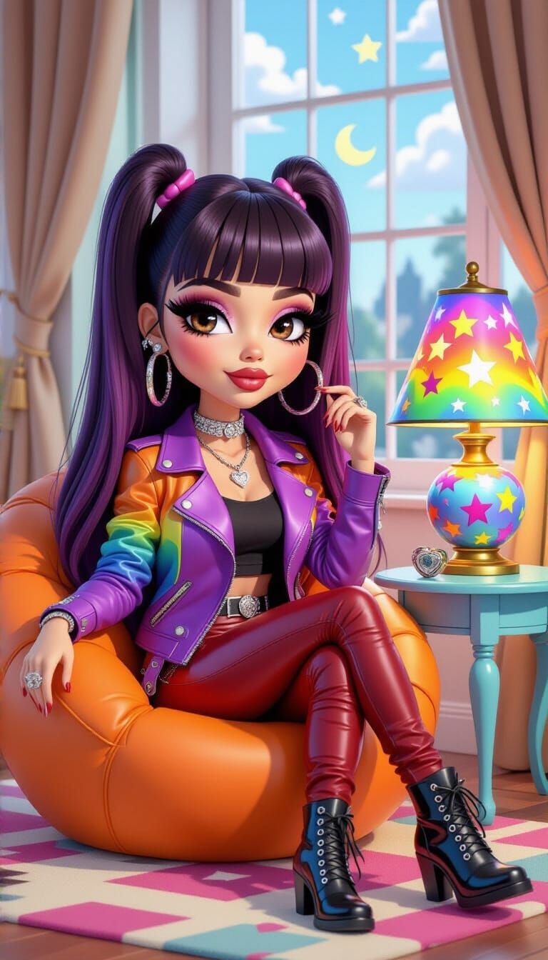 Emo Woman in Rainbow Jacket Sitting by Starry Night Window