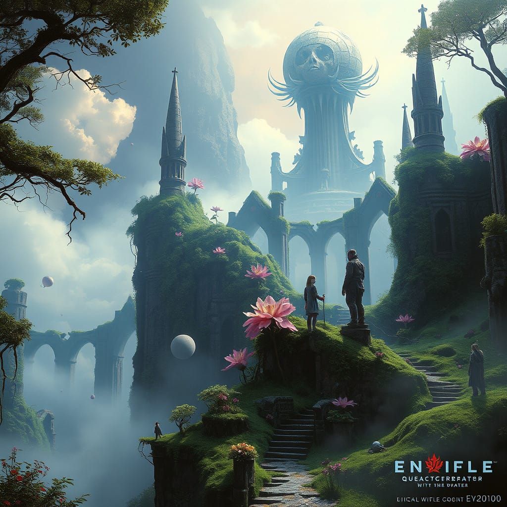 Surreal Landscape of Ancient Ruins and Lush Vegetation