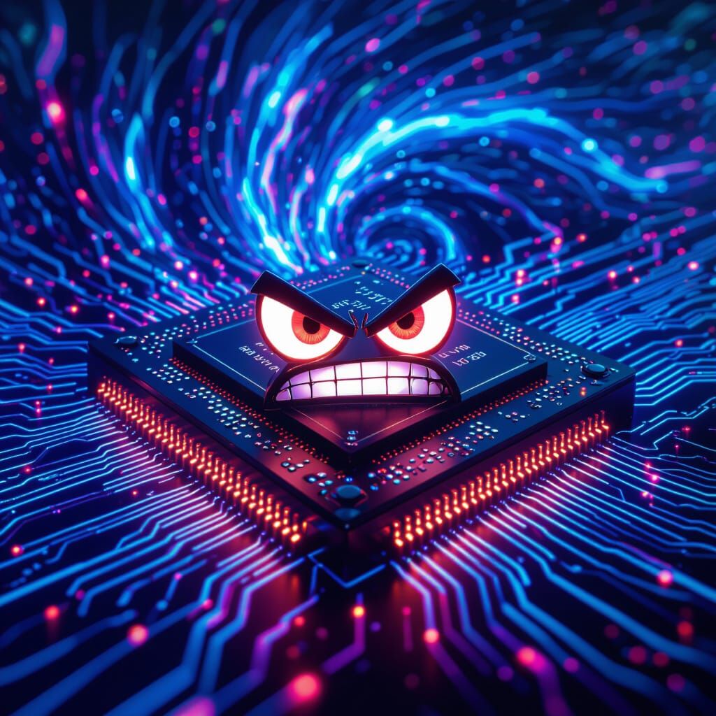 Angry Computer Chip Yelling in Neon Vortex