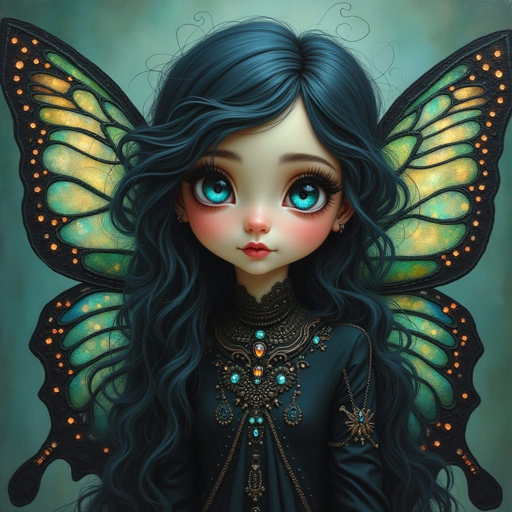 Whimsical Butterfly Girl in Tiffany Glass Wings