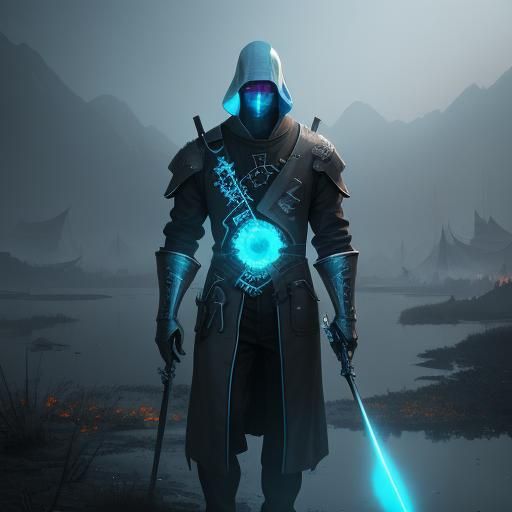 Surreal Doctor with X-Ray and Swords in Cyber-Fantasy Style