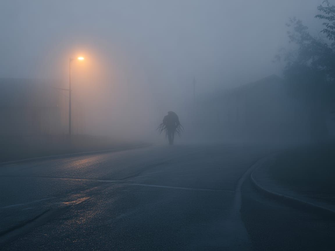 Eerie Foggy Street With Mysterious Figure