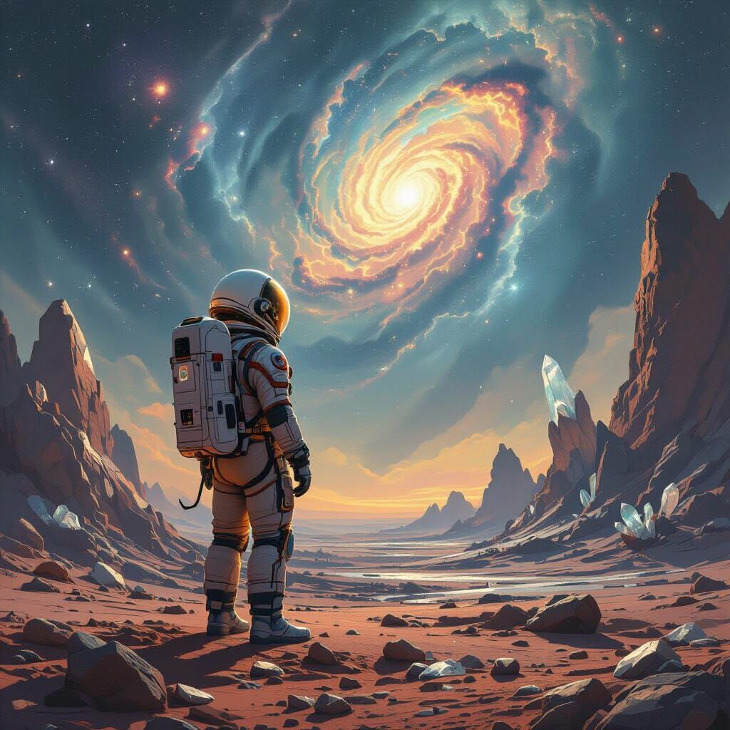 Astronaut on Distant Planet Gazing at Nebula