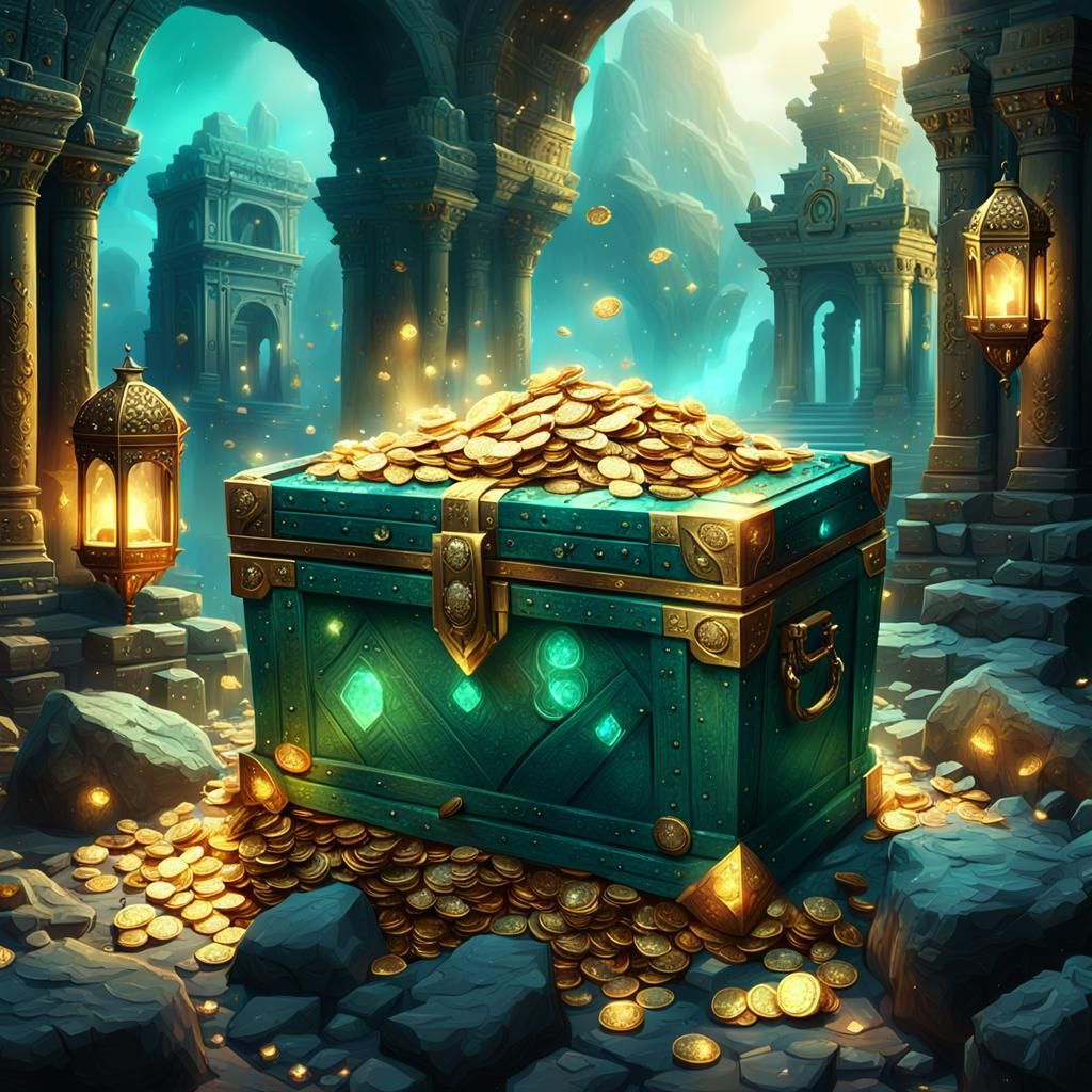 Fantasy Chest of Diamonds and Gold in Ancient Ruins