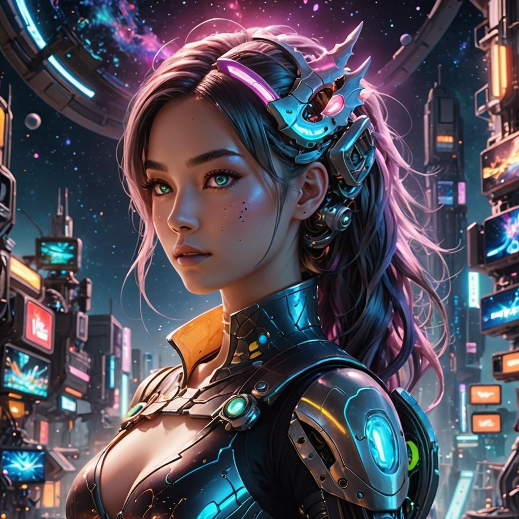 Dragon Girl with Nintendo Switch Features in Sci-Fi Landscap...