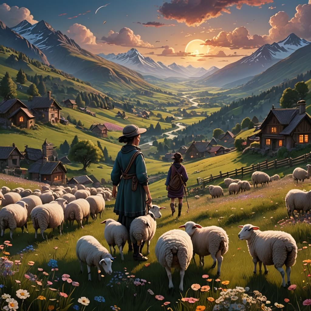 Mountain Valley Sunset with Shepherd Girl