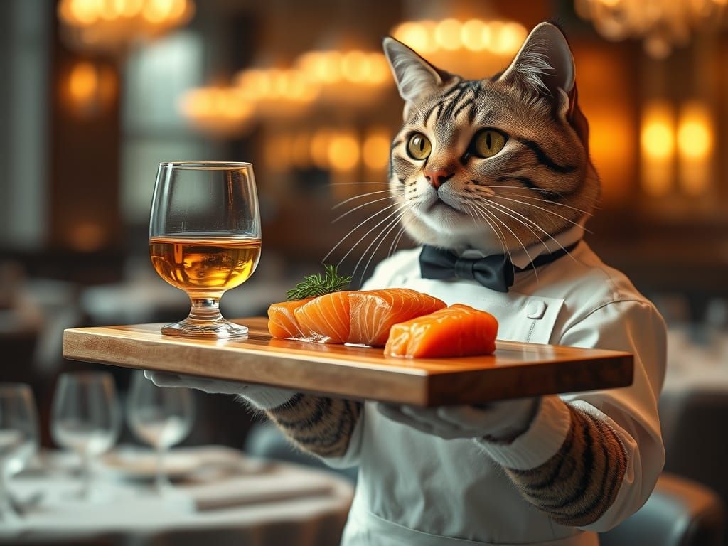 Sophisticated Cat Serves Sashimi and Whisky