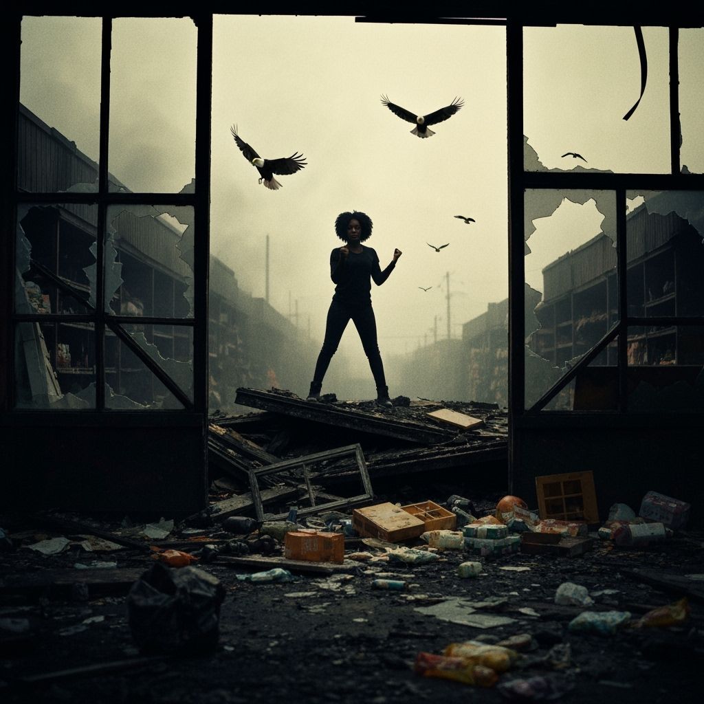 Defiant Woman Amidst Chaos: Cinematic Film Still