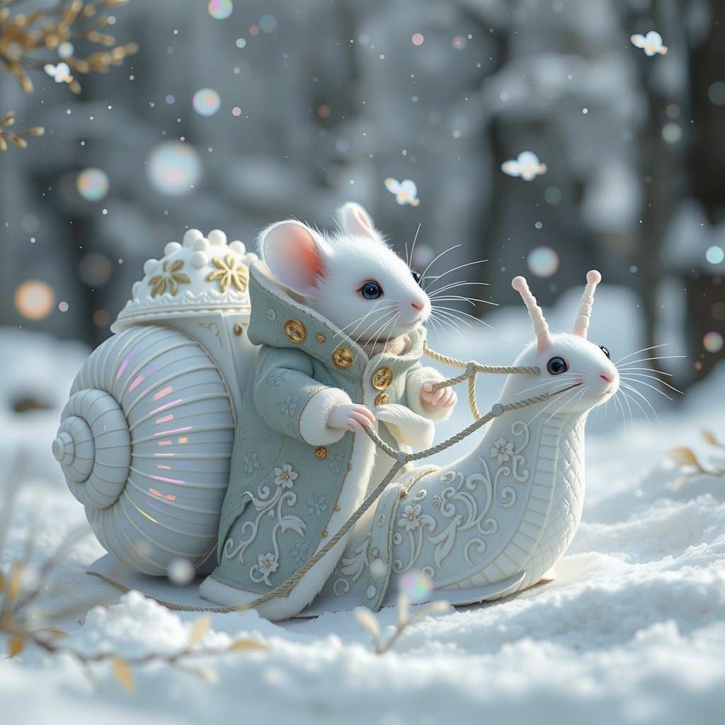 Whimsical Winter Wonderland: Fuzzy Mouse Rides Majestic Snai...