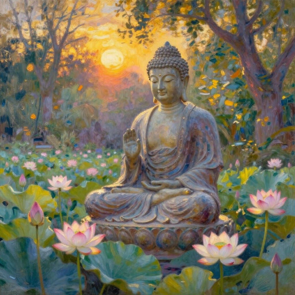 Peaceful Buddha Statue in Golden Sunset Light