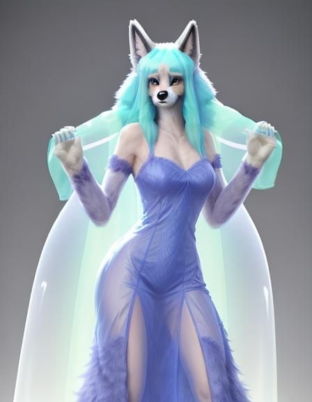 Furry Lady in Translucent Dress Revealing Technicolor Fur