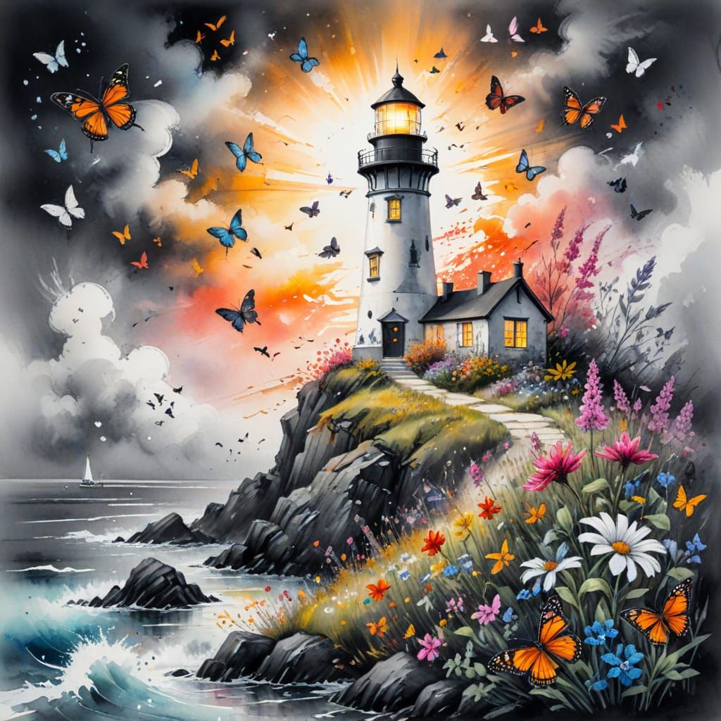 Fairytale Lighthouse in Sunlit Winterscape with Butterflies