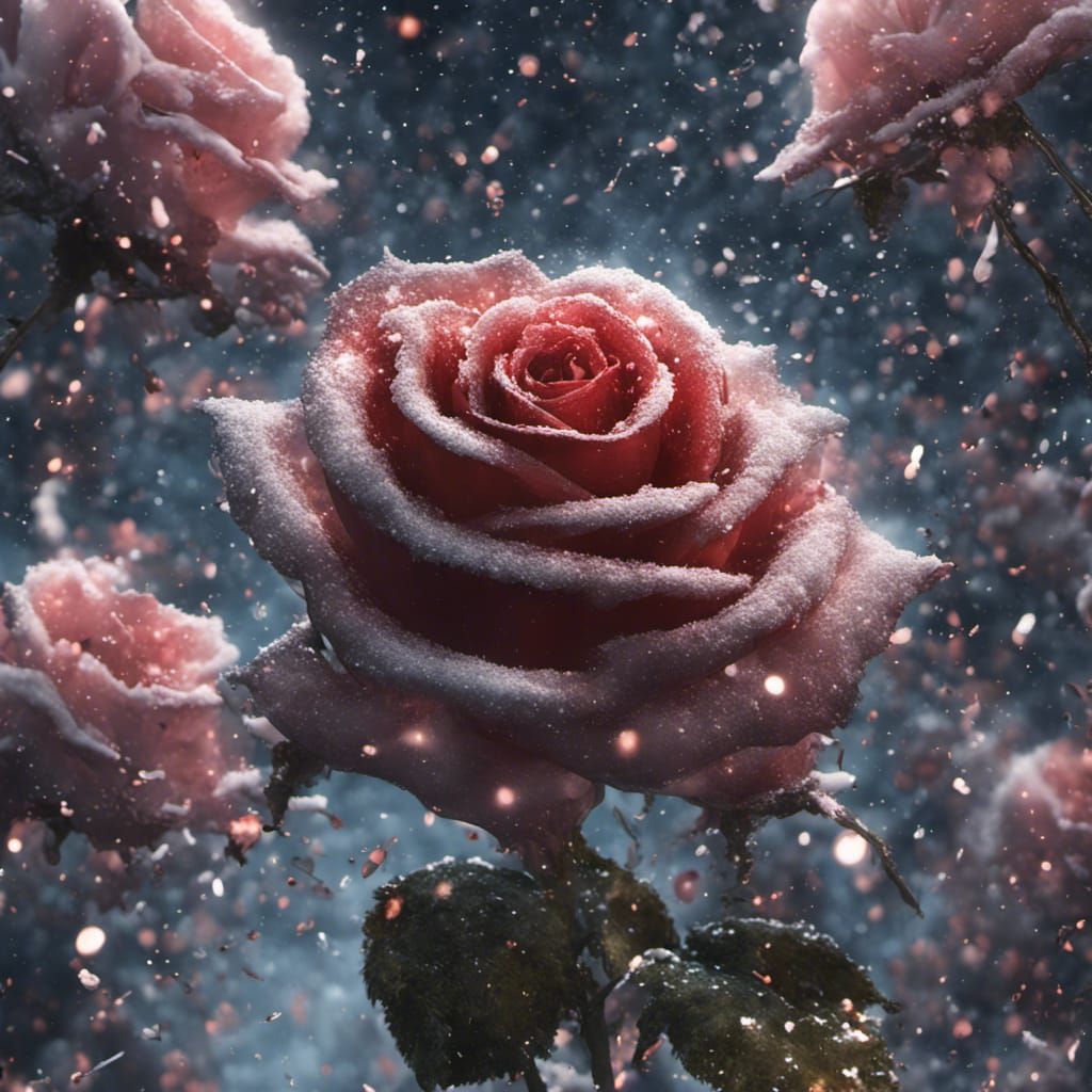 Exploding Rose Covered in Glittering Snow