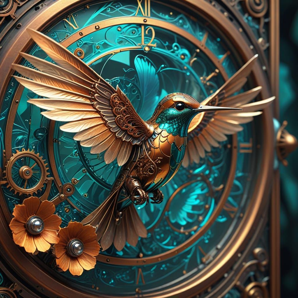 Mechanical Hummingbird Perched on Bioluminescent Flower