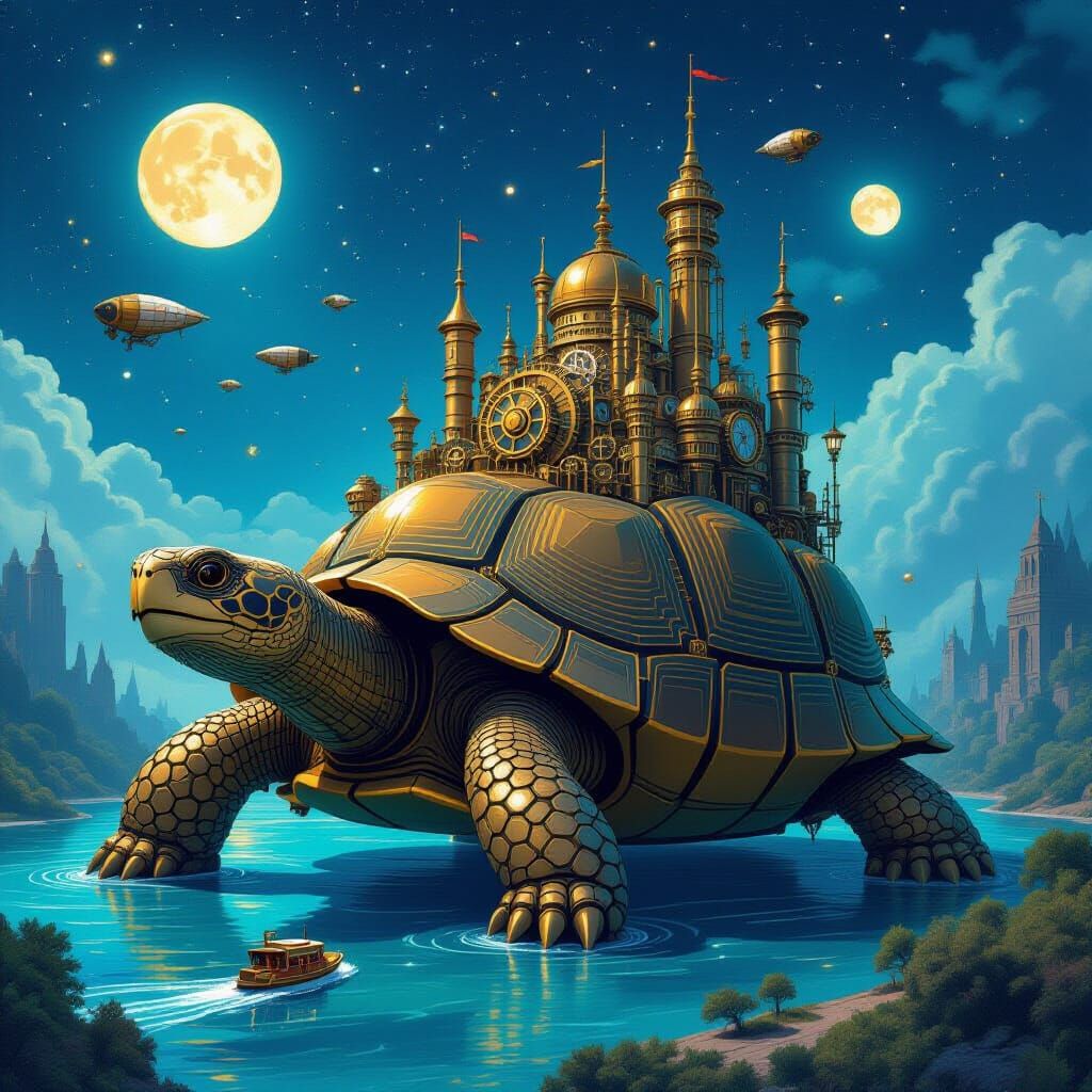 Clockwork City on Giant Tortoise Navigating Celestial River