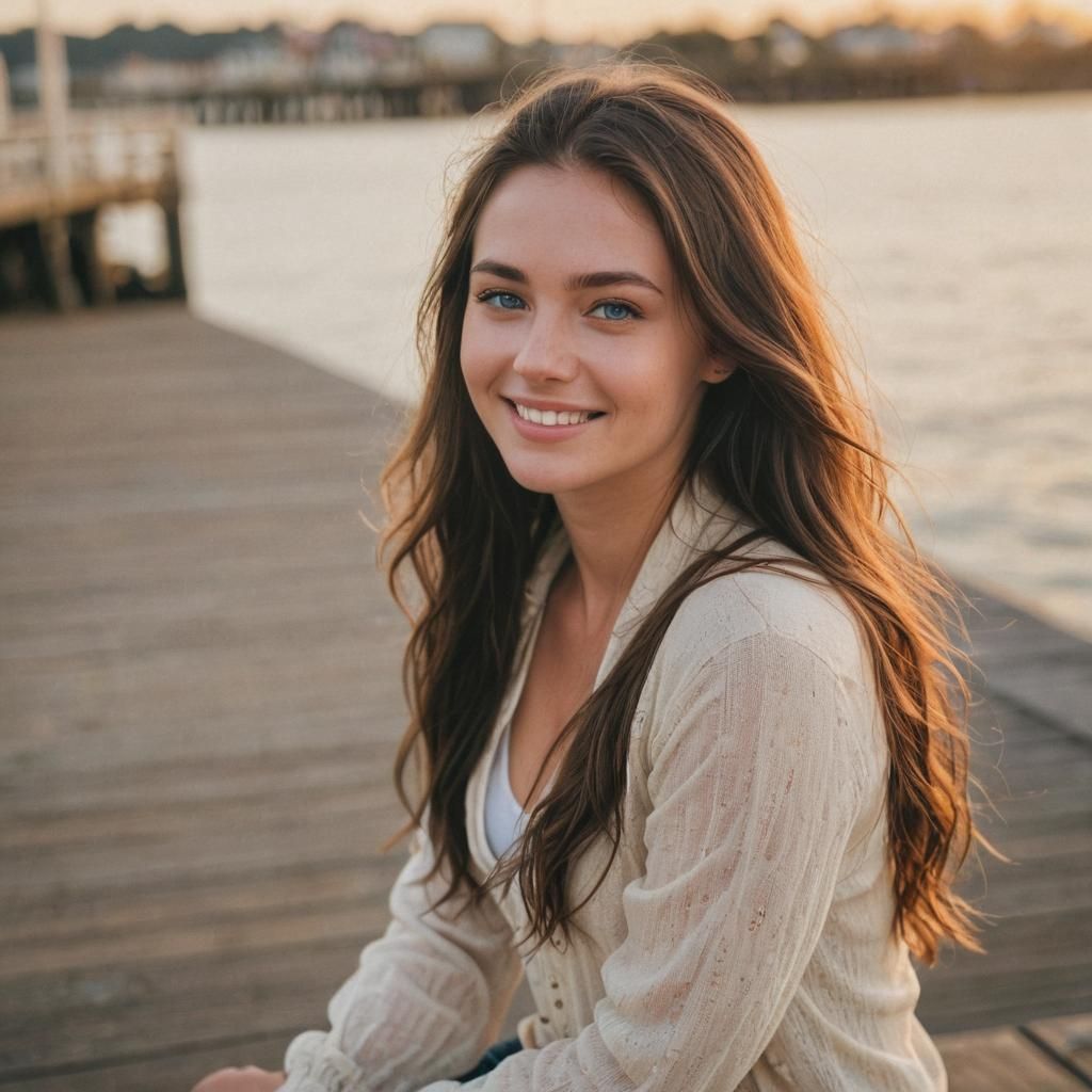Smiling Brunette on Ocean Pier in Soft Light