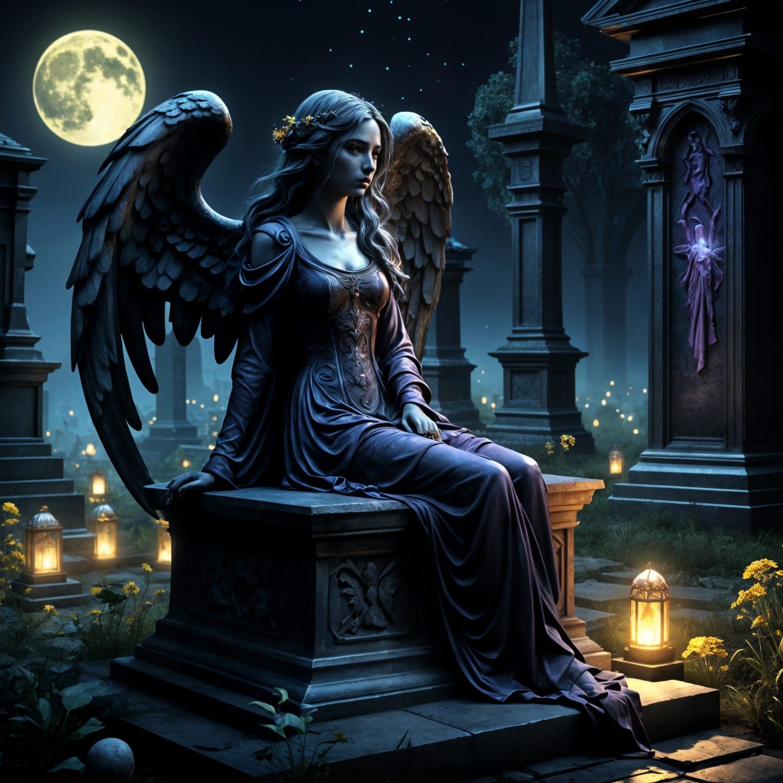 Gothic Girl Surrounded by Moonlit Cemetery Statues in Dark F...