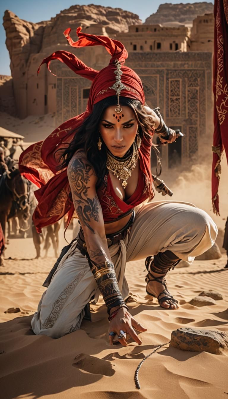 Stunning Arabian Woman with Saber in Morocco Desert