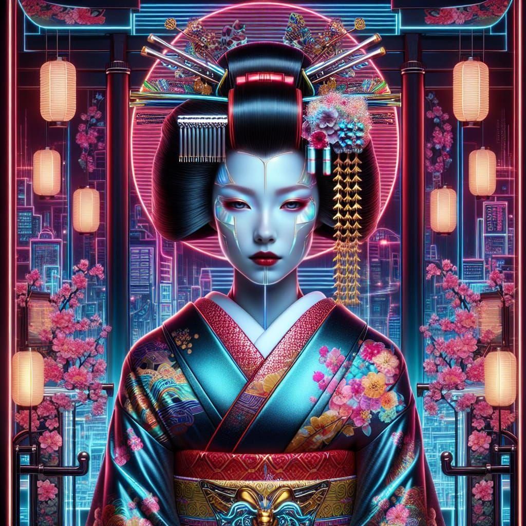 Futuristic Geisha in Synthwave Neon Retro Style