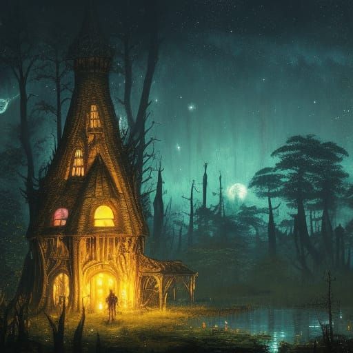 Glowing Mushroom Cottage in a Starry Swamp