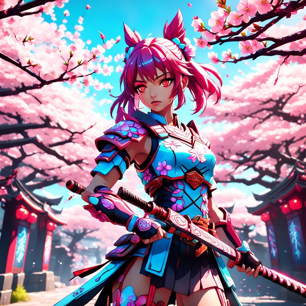 Neon Cherry Blossom Warrior in Anime Style